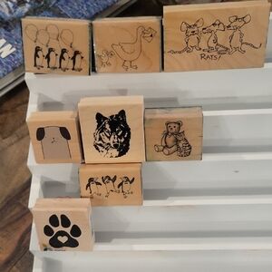 Vintage Animal Wooden Rubber Stamps Lot of 8 Farm Folk Art and More